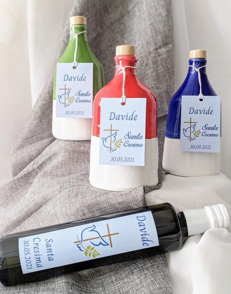 Bottiglia in vetro e orcio ceramica con olio evo – bomboniere cresima personalizzate