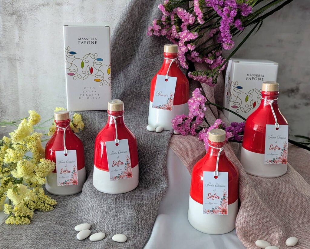 Orcio ceramica rosso con olio extravergine pugliese – bomboniera originale per cresima