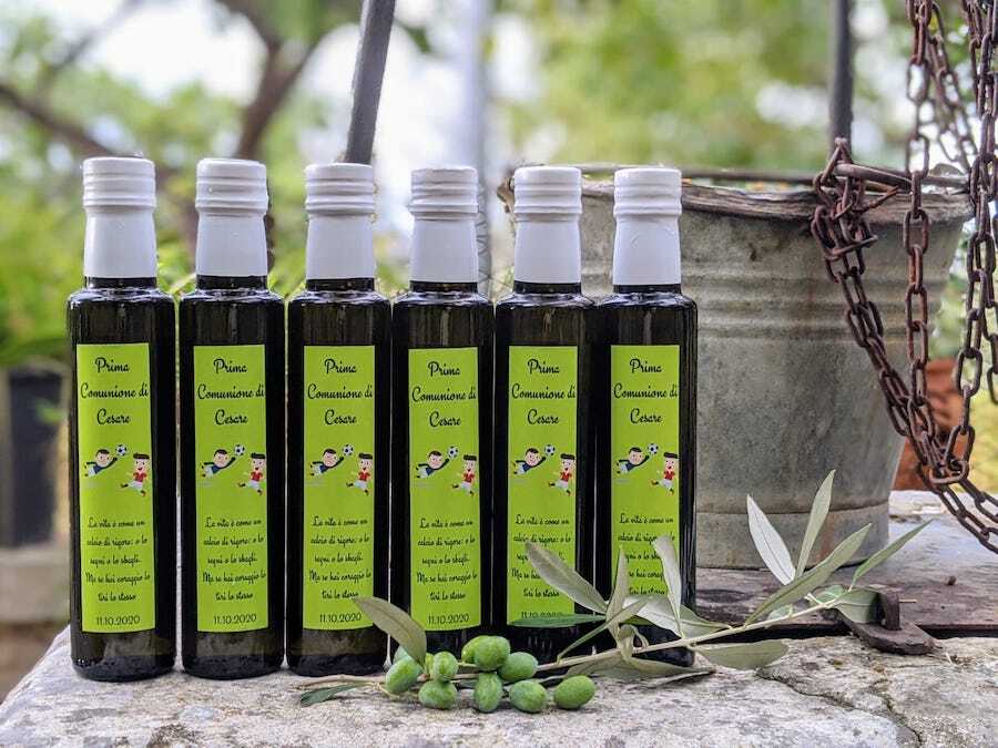 Bottiglie bomboniere comunione olio extravergine pugliese con etichetta personalizzata