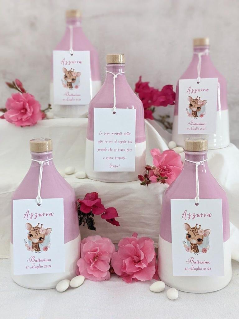 Bomboniere Battesimo con Olio EVO Pugliese 2 Orcetti in ceramica rosa dipinti a mano per bomboniera battesimo bimba