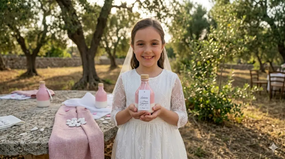 Bomboniera gastronomica olio extravergine di oliva pugliese bottiglia rosa bambina