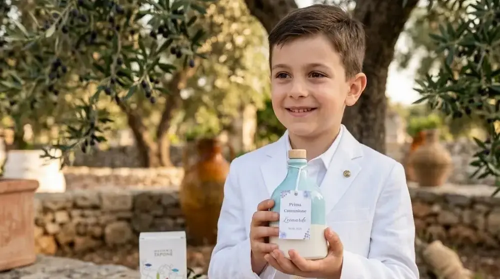 Bomboniera gastronomica celeste Prima Comunione bambino